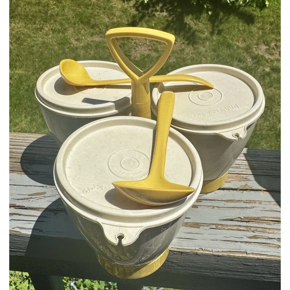 Vintage Tupperware Condiment Server Set w/ Caddy, Lids, Spoons - Yellow